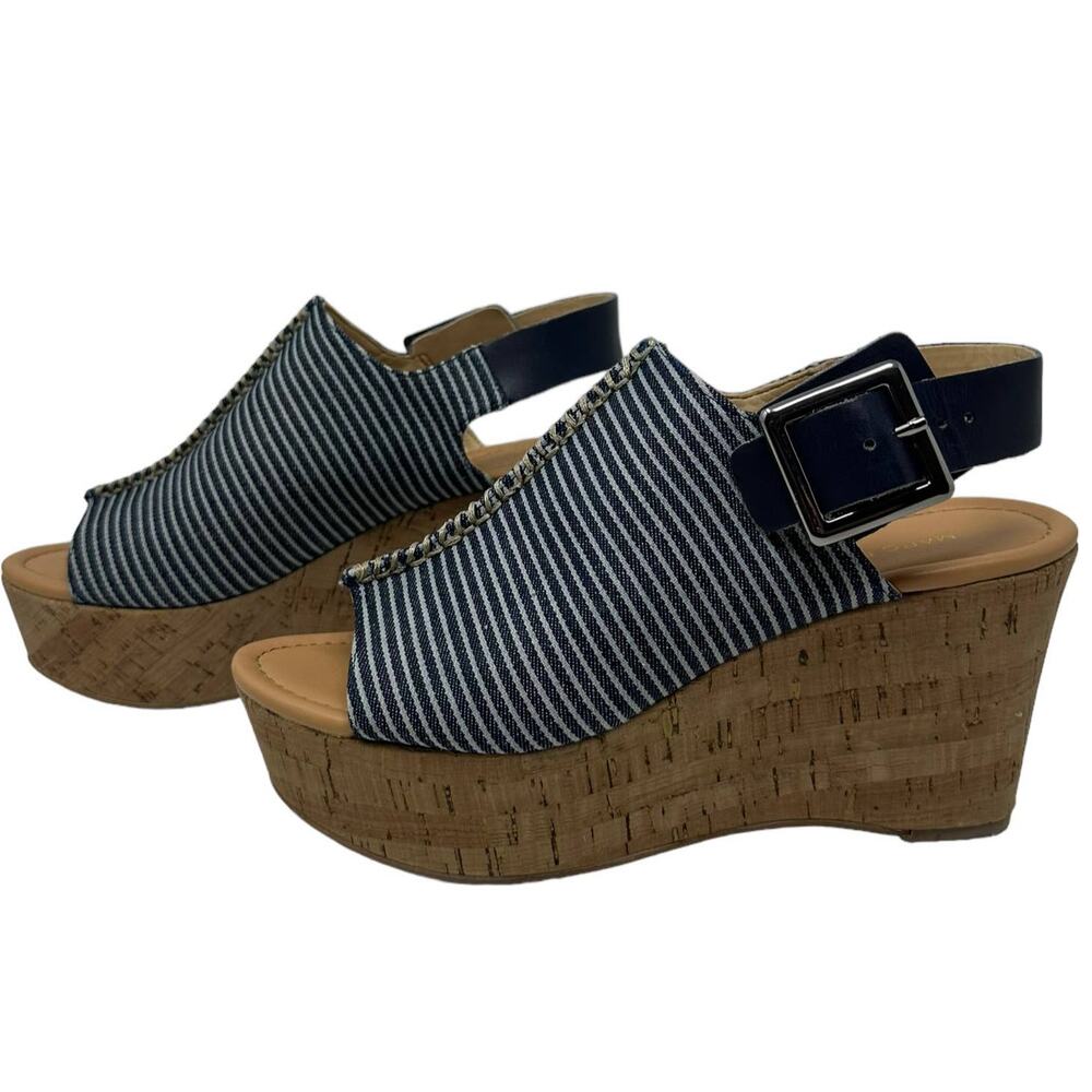Marc Fisher Sinthya Blue Stripe Denim Cork Wedge Slingback Sandals 7.5